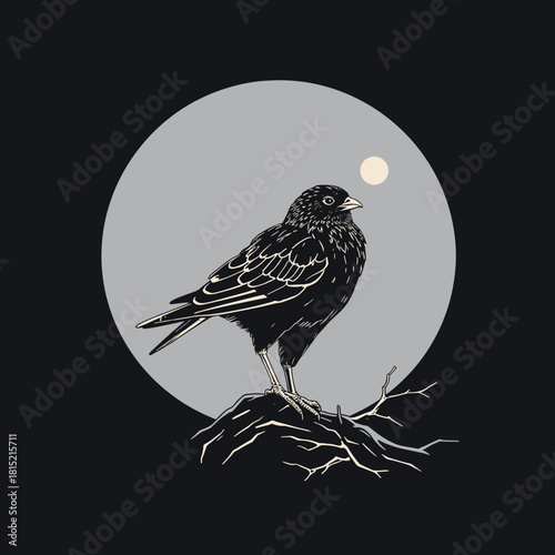 Predatory bird perched on a branch at night with a full moon backdrop