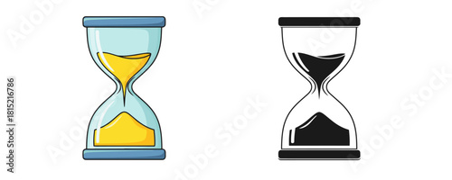 Colored and black and white outline hourglass sand timer drawing isolated on white background antique glass clock line art illustration