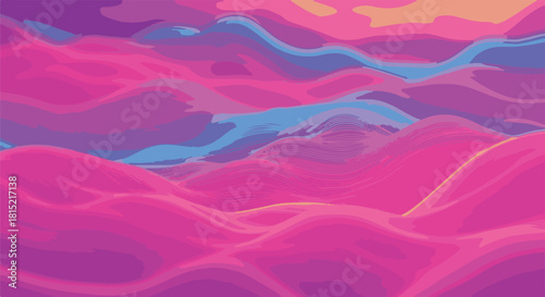 Abstract flowing landscape of vibrant pink, purple, and blue waves creating a dreamy, ethereal, and surreal visual experience