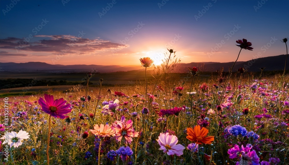Fototapeta premium Colorful Wildflowers In A Field At Sunset