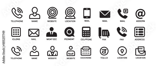 Communication and contact icons, telephone person website mail and address black white symbols