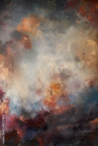 Light studio backdrop with blue and brown tones. Painted canvas background on the wall.