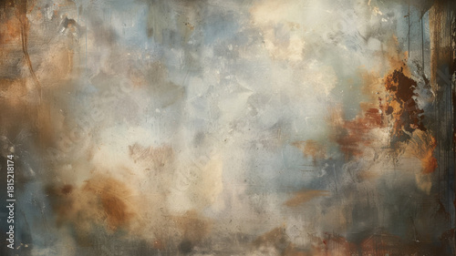 Light studio backdrop with blue, golden, brown and pink tones. Painted canvas background on the wall