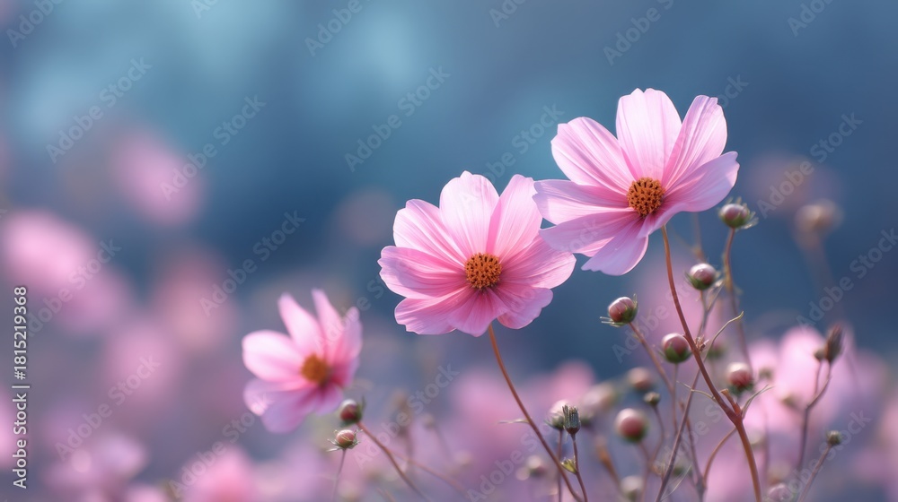 Fototapeta premium Delicate Pink Cosmos Flowers Blooming in a Soft Focus Background with Gentle Blue Tones and ethereal Light Creating a Serene Floral Scene