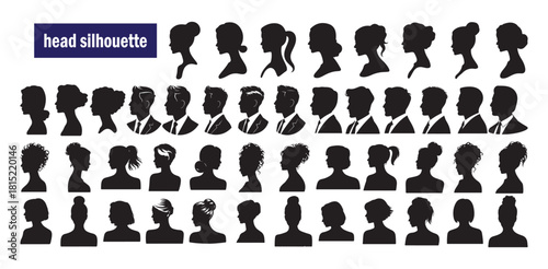 Set of 50 varied head silhouettes featuring women men and unisex profiles for avatars