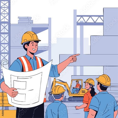 A construction foreman points to a blueprint, directing a group of workers on a bustling building site, overseeing the project's progress.