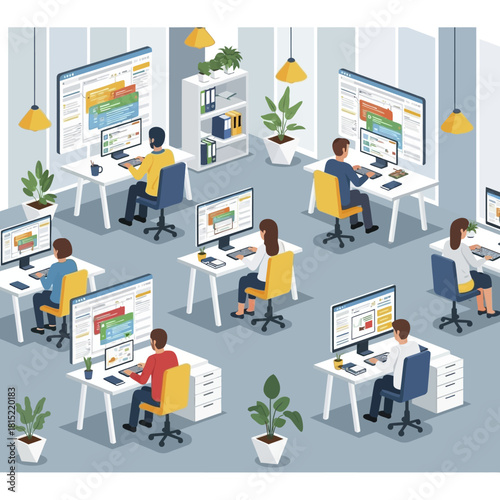 People working in a modern office environment with computers and desks.