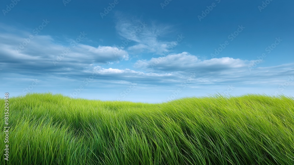 Obraz premium Vibrant Green Grass Under a Blue Sky with Fluffy Clouds, Capturing the Essence of Nature and the Beauty of Outdoor Landscapes in Daylight