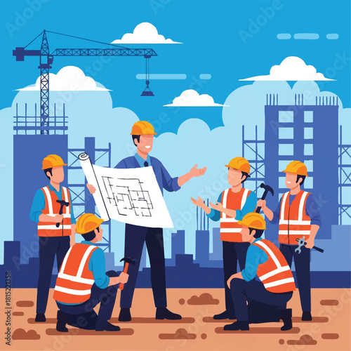 A construction foreman reviews blueprints with a team of construction workers at a building site, overseeing the project's progress.