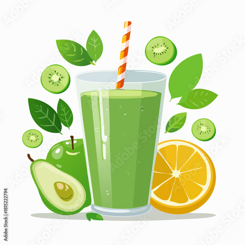 Fresh Green Smoothie with Fruits and Leaves, Healthy Beverage Concept