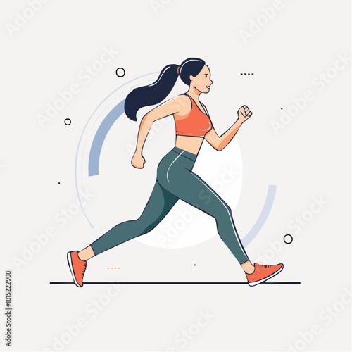 Full body side view of an athletic woman running, exercise and sport vector illustration
