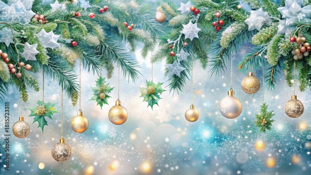 Obraz premium Festive Winter Wonderland Sparkling Ornaments and Evergreen Branches Adorn a Dreamy, Snowy Background