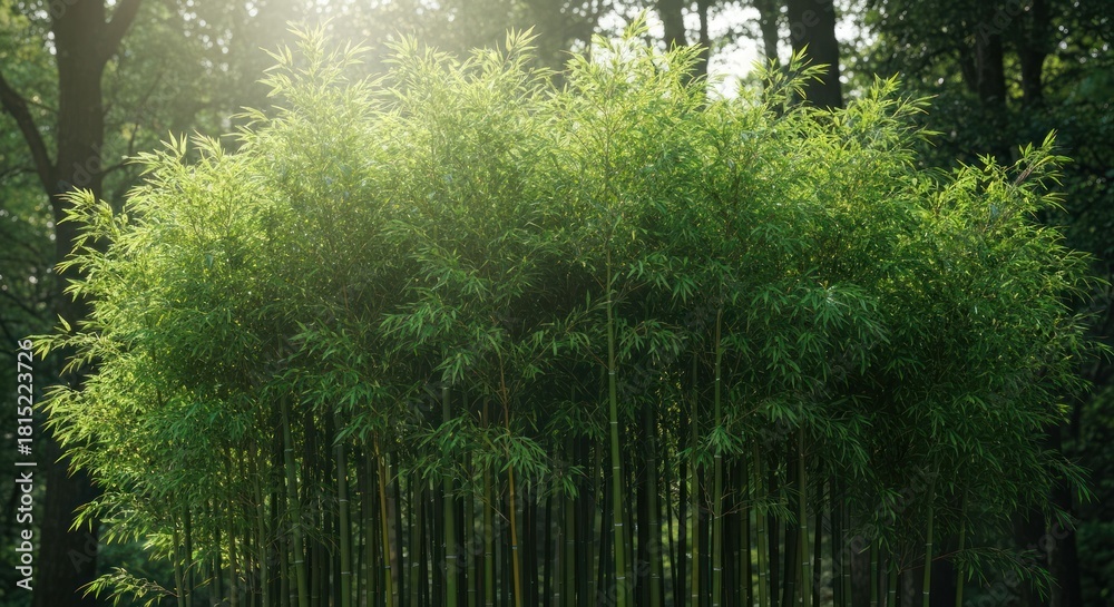 Naklejka premium Dense bamboo forest bathed in sunlight, vibrant green with tall stalks