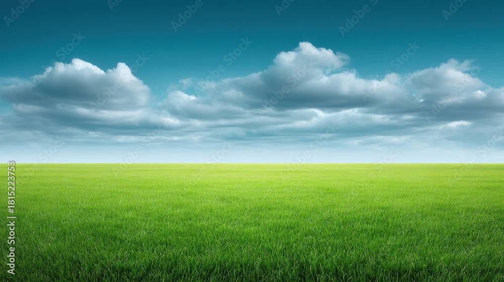 Obraz premium Lush Green Grass Landscape Under a Clear Blue Sky with White Clouds, Ideal for Nature, Relaxation, or Outdoor Themes in Various Creative Projects