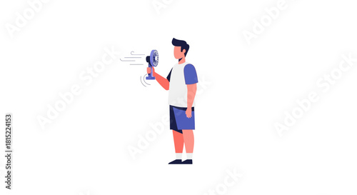 Man holding a portable fan to cool down on a hot day. Vector Illustrations. EPS Editable