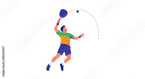 Man playing tennis jumping to hit the ball with racket. Vector Illustrations. EPS Editable