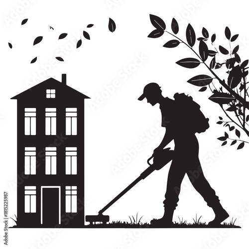 Black building grounds maintenance Silhouette Vector, High Quality Illustration on White Background