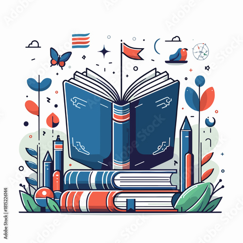 Open book surrounded by knowledge symbols and nature elements showcasing study and imagination