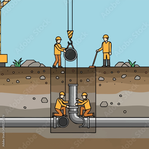 Construction workers install a large pipe section with a crane and prepare the ground for underground infrastructure in a detailed illustration.