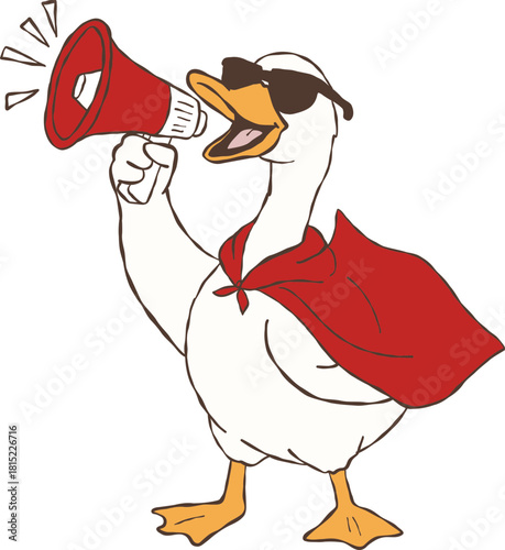 A cool and funny cartoon goose wearing sunglasses and a red cape, loudly speaking through a megaphone.