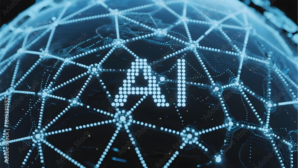 Fototapeta premium Digital globe with interconnected network and AI text, symbolizing artificial intelligence and global connectivity
