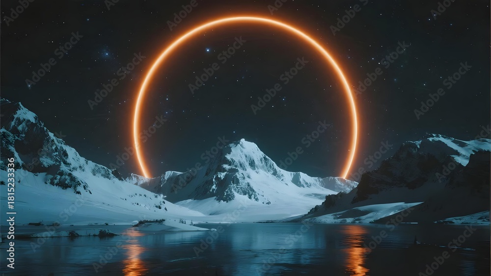 Fototapeta premium A glowing orange ring hovers above a snowy mountain landscape reflected in calm water under a starry night sky.