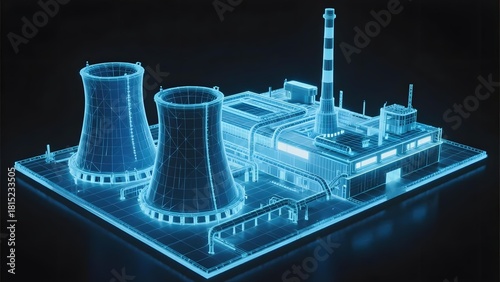 3D wireframe model of a nuclear power plant with cooling towers and industrial structures