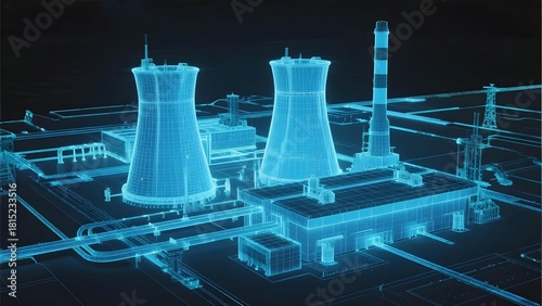 Holographic blueprint of a nuclear power plant with cooling towers and industrial structures