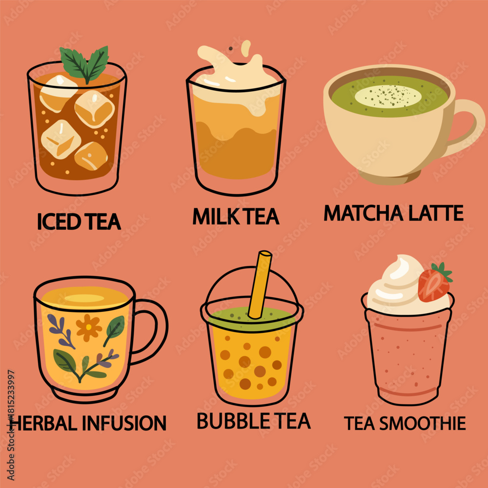 Fototapeta premium Variety of refreshing tea drinks: iced tea, milk tea, matcha latte, and more