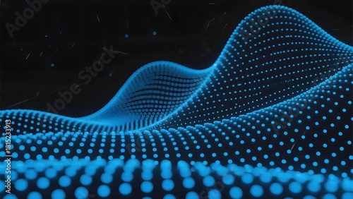 Abstract blue wave formed by glowing dots on a dark background