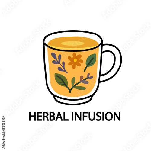 Herbal infusion in a glass mug with floral decorations, a warm and inviting beverage