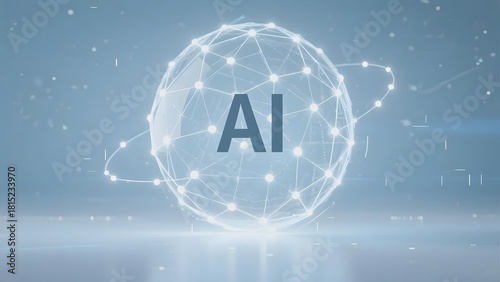 Artificial intelligence symbol represented by a glowing network sphere with AI text at its center against a futuristic background.