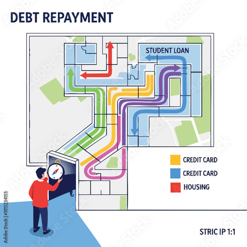 A visual representation of debt repayment strategies, illustrating the flow of funds towards various financial obligations with a compass.