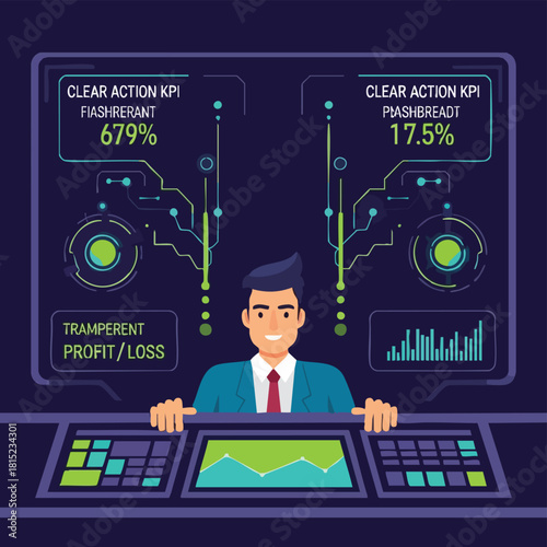 A business professional monitors financial data on a futuristic digital interface, analyzing key performance indicators and profit margins.