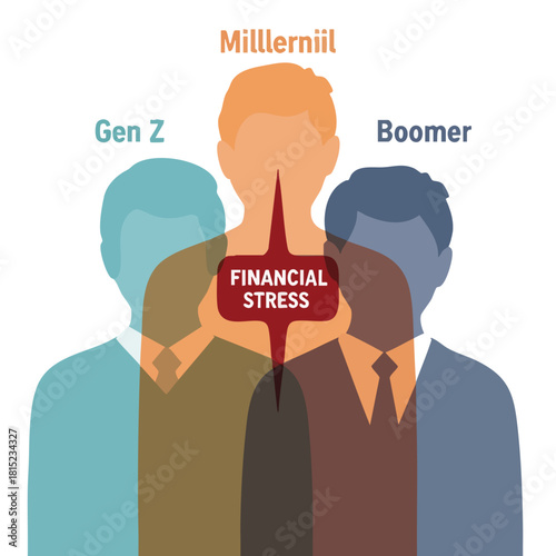 Conceptual illustration depicting financial stress affecting different generations, including Millennials, Gen Z, and Boomers.