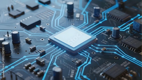 Close-up of a microprocessor on a circuit board with illuminated blue pathways