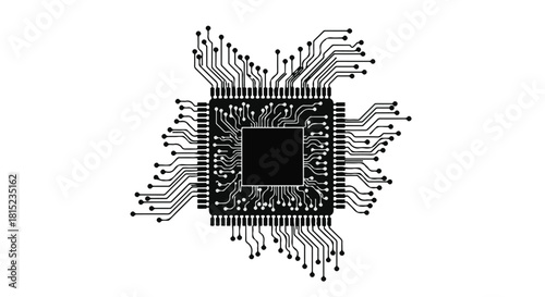 Intricate circuit board with central processor and radiating connections, symbolizing technology and data flow.