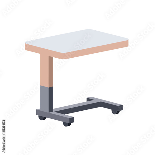 Isometric illustration of an adjustable hospital overbed table with wheels for medical care and patient comfort