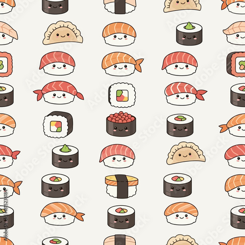 Cute Kawaii Sushi and Dumpling Pattern. Vector Illustrations. EPS Editable
