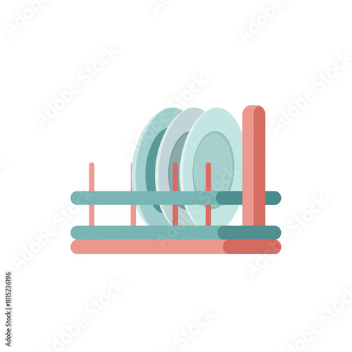 Illustration of a modern dish drying rack with plates, symbolizing clean kitchen organization, domestic efficiency, and practical daily household routine solutions