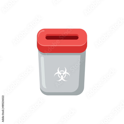 Medical biohazard waste disposal container with a red lid and sharps bin symbol, isolated on a white background for healthcare and safety concepts