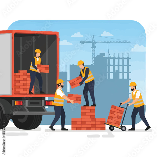 Construction workers load bricks from a truck at a construction site, showcasing teamwork and the building process with a crane in the background.
