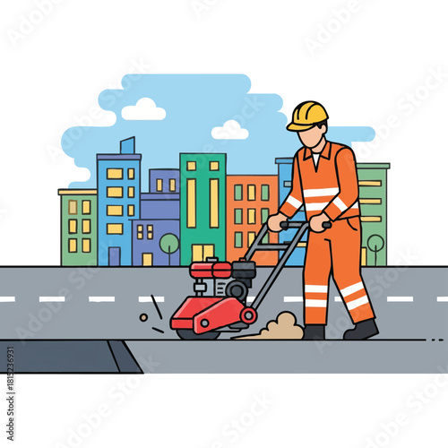 A construction worker uses a plate compactor to level asphalt on a city street, ensuring a smooth surface for vehicles and pedestrians.