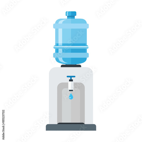 Water cooler dispenser with a blue bottle on top and a dripping tap