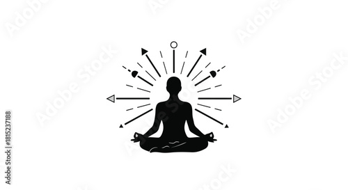 Silhouette of a person meditating with radiating energy and arrows symbolizing focus and direction.