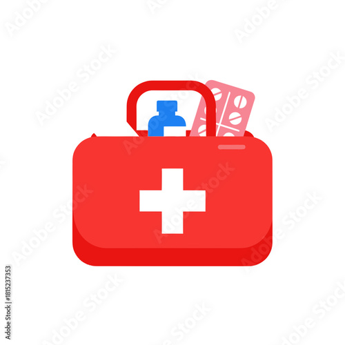 A bright red first aid kit icon with a white cross, containing a medicine bottle and a blister pack of pills for emergency medical treatment and healthcare