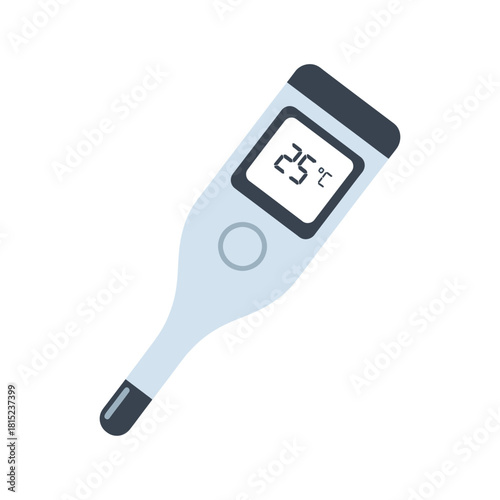 Digital thermometer displaying a normal body temperature of 25 degrees Celsius, isolated on a white background