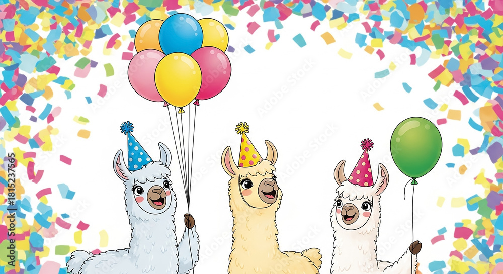 Obraz premium Happy Cartoon Llamas Wearing Party Hats and Holding Balloons