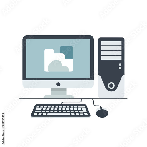 Flat vector illustration of a desktop computer workstation with a cloud folder icon on the screen, representing data storage and file synchronization