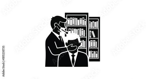 Man in suit examines another person's head in front of bookshelves, symbolizing research or diagnosis.
